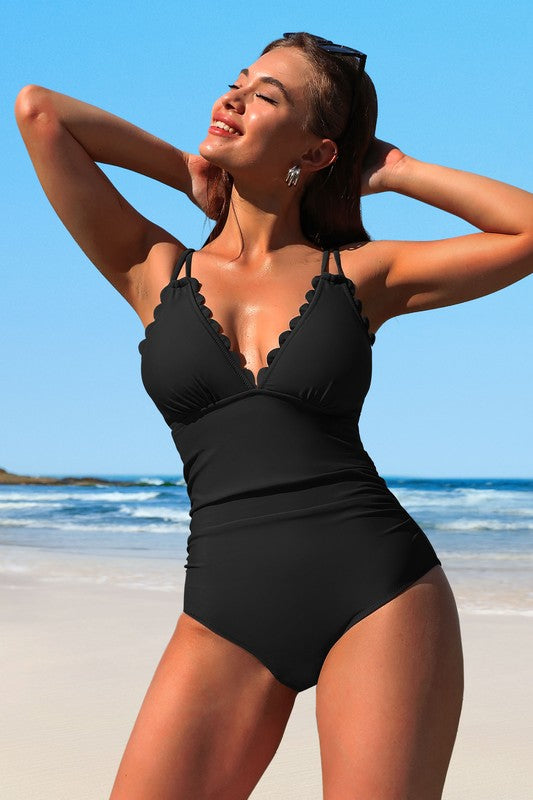 V-Neck One-Piece Swimsuit Tummy Control Ruched Cut-Out Bathing Suit - NeoKira Unlimited