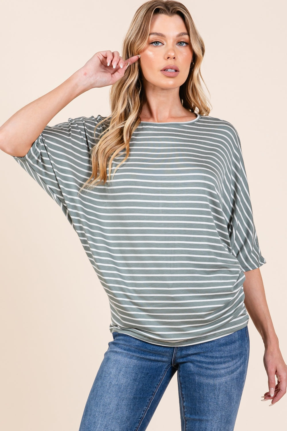 BOMBOM Striped Boat Neck Dolman Sleeve Top - NeoKira Unlimited
