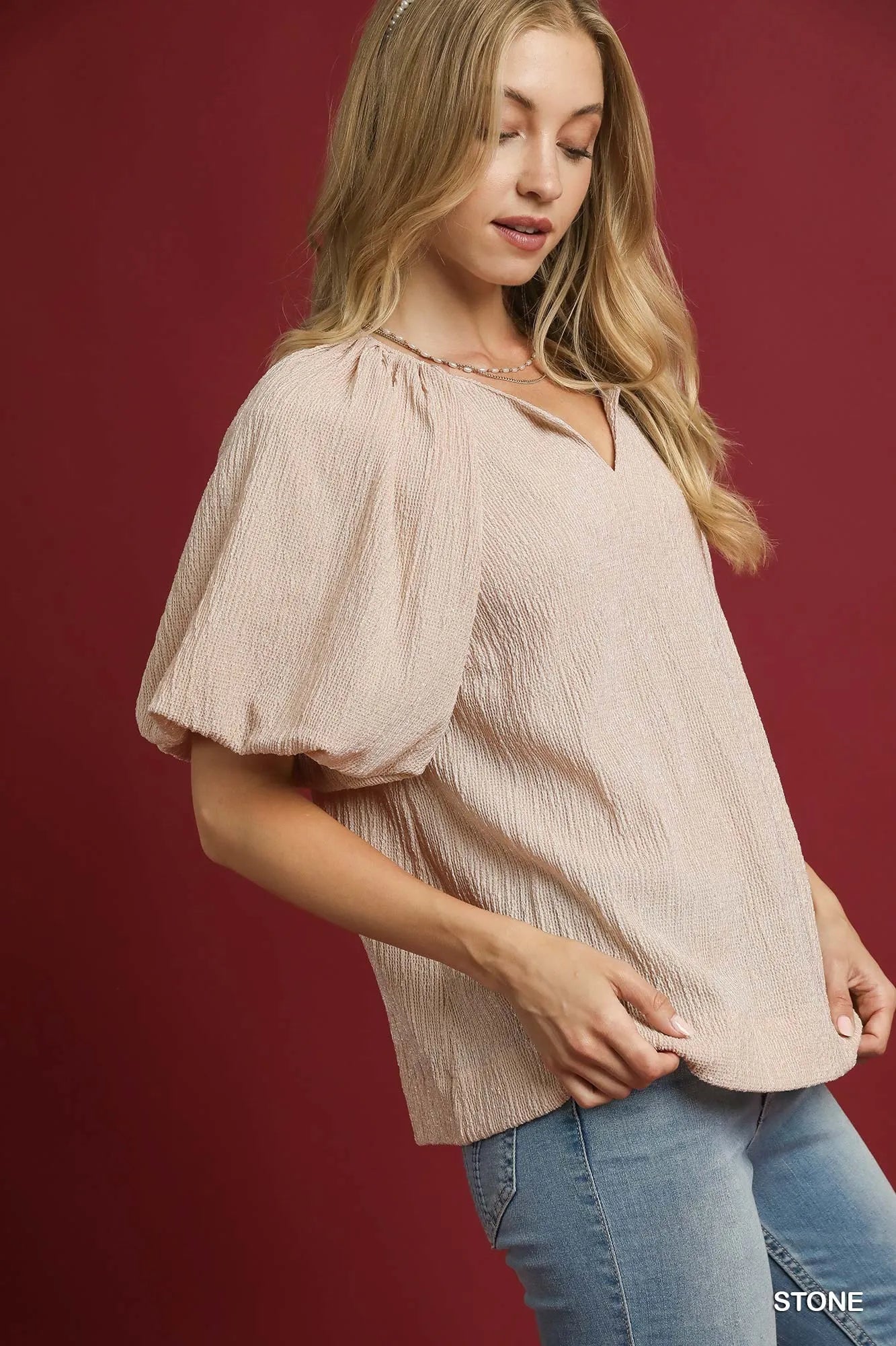 Umgee Beige Minimalist Puff Sleeve Blouse Soft Textured Fabric - NeoKira Unlimited