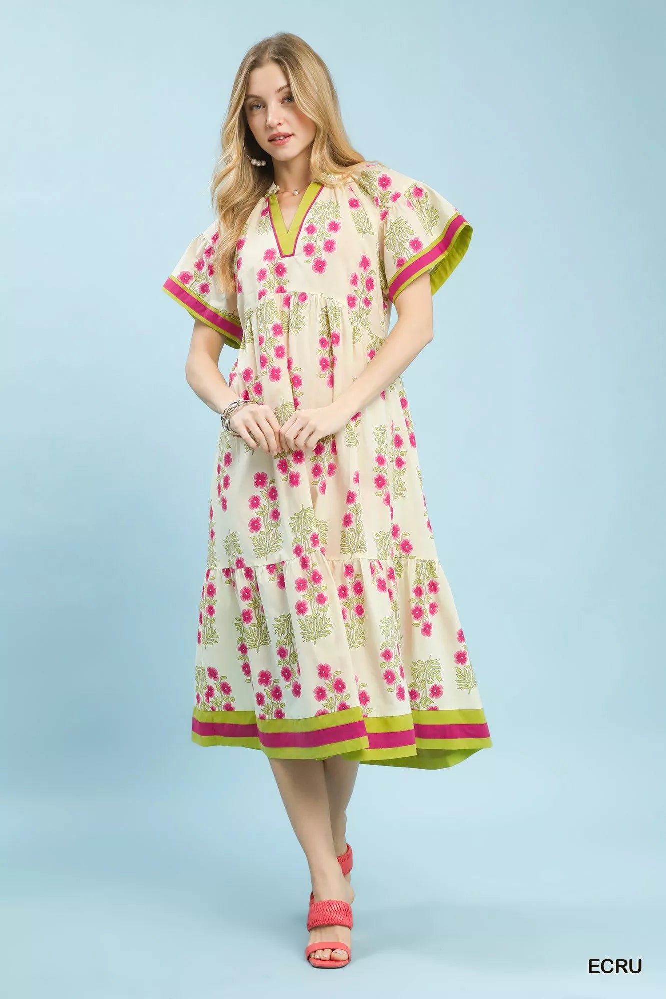 Umgee Floral Border Tiered Midi Dress Boho Chic - NeoKira Unlimited