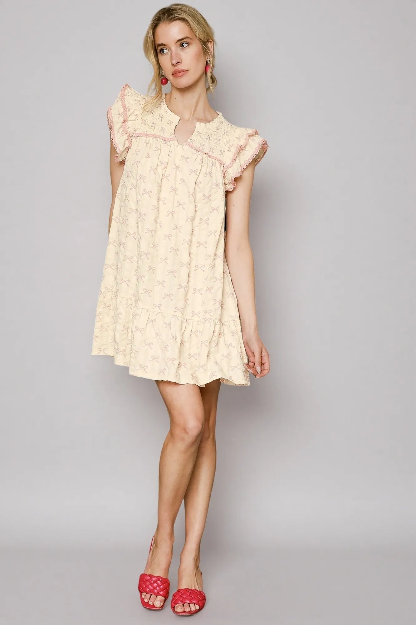 Umgee Cottagecore Cream Mini Dress With Bow Print Ruffled Sleeves - NeoKira Unlimited