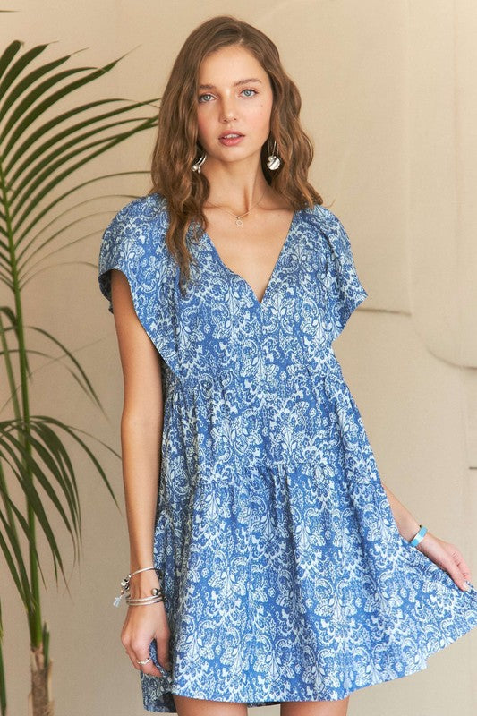 ADORA Printed V-Neck Ruffle Sleeve Mini Dress - NeoKira Unlimited