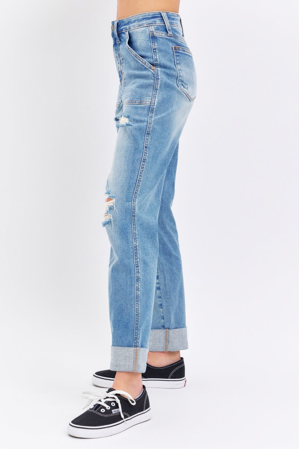 Judy Blue Full Size Distressed Straight Jeans with Patch Pockets Jeans Trendsi   