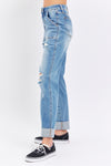 Judy Blue Full Size Distressed Straight Jeans with Patch Pockets Jeans Trendsi   