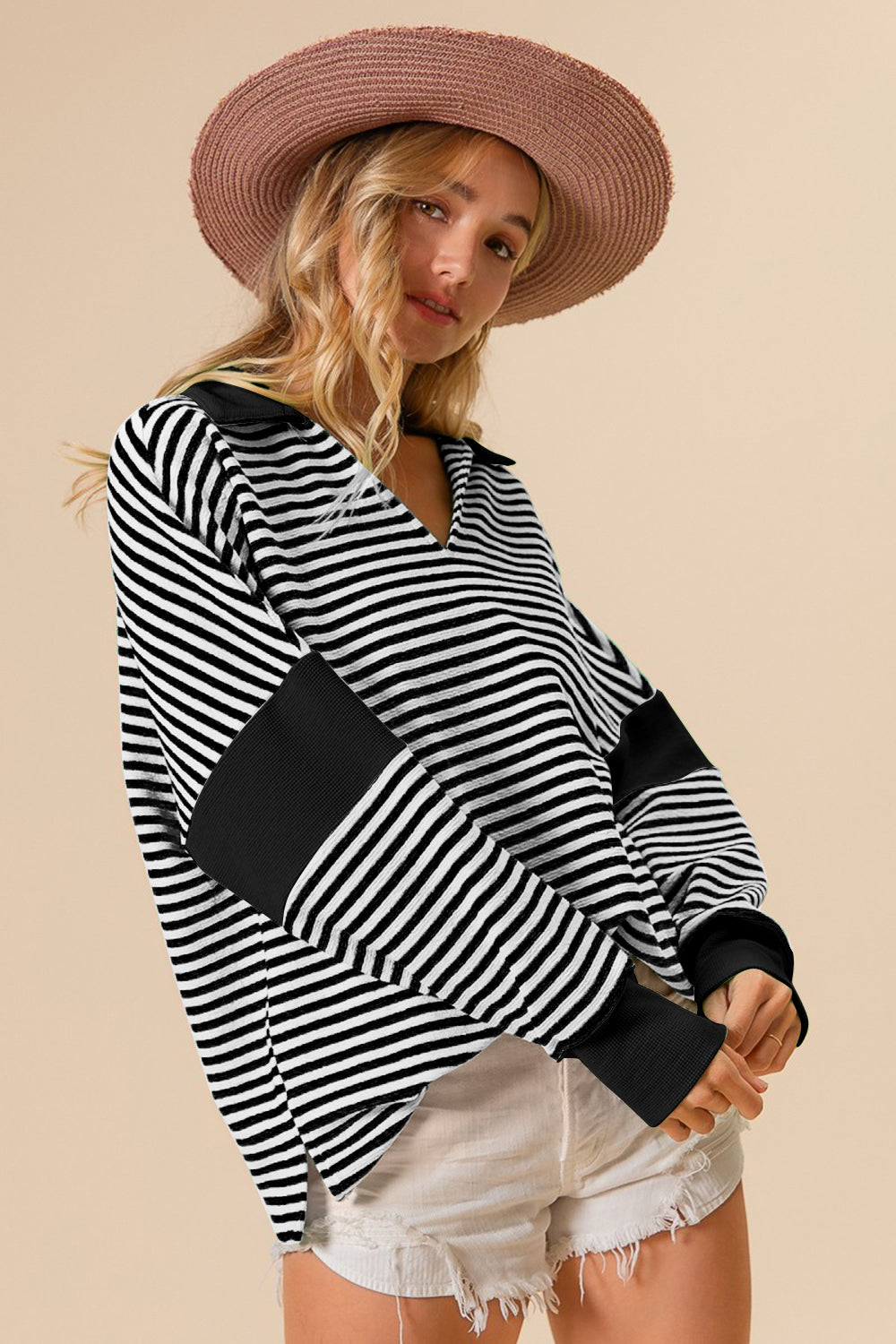 BiBi Striped Contrast Long Sleeve Knit Top Top Trendsi   