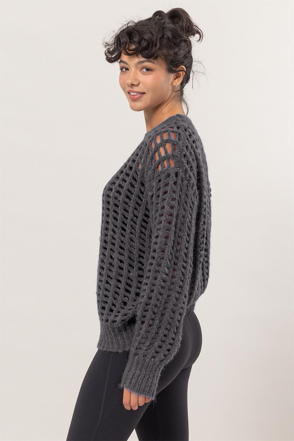 HYFVE Openwork Round Neck Long Sleeve Knit Cover Up - NeoKira Unlimited