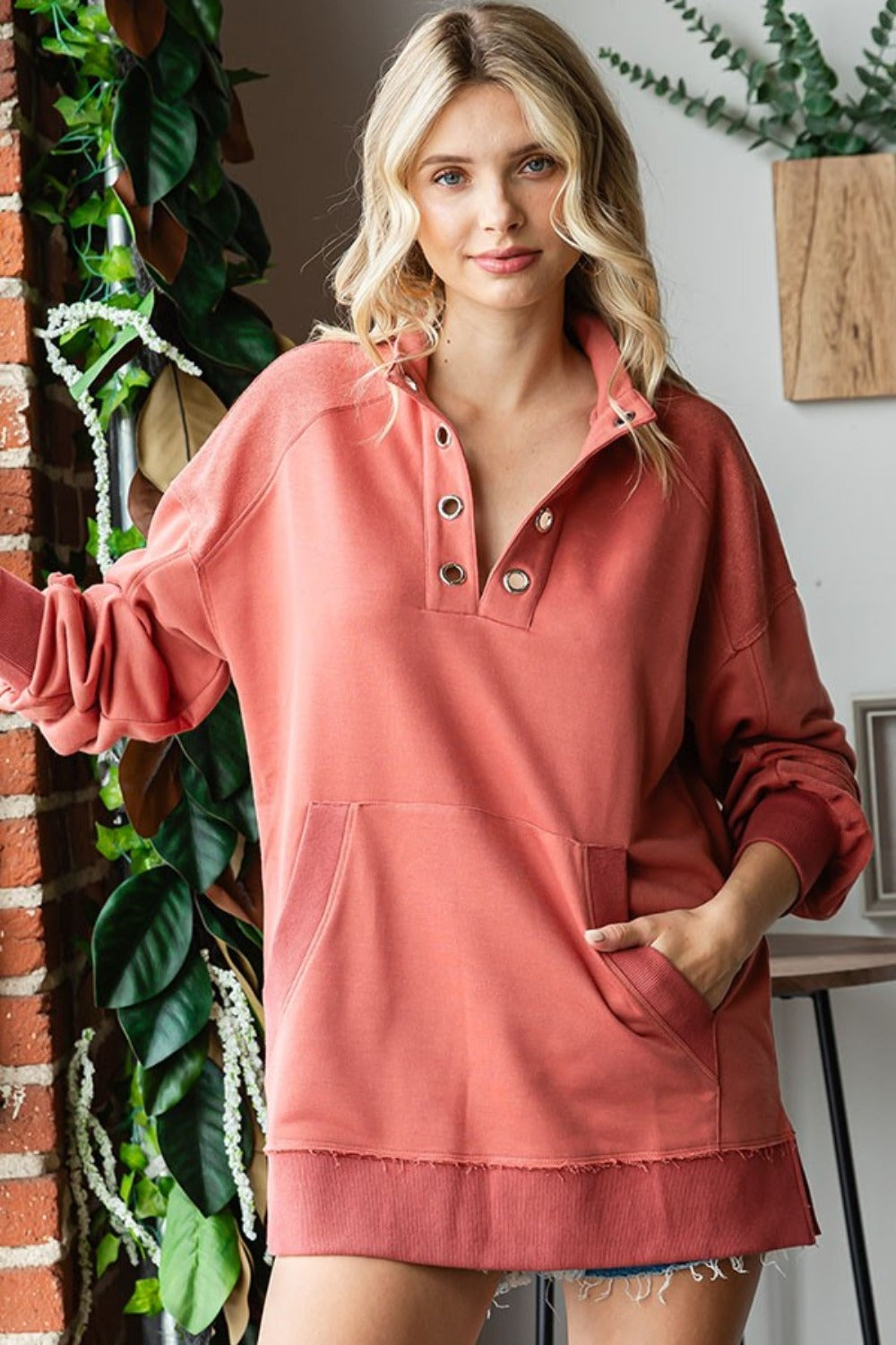 First Love Grommet Split Neck Kangaroo Pocket Sweatshirt - NeoKira Unlimited