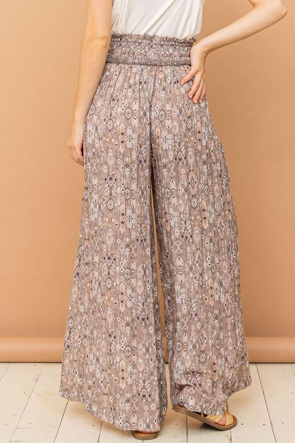 And The Why Printed Smocked Waist Slit Wide Leg Pants - NeoKira Unlimited