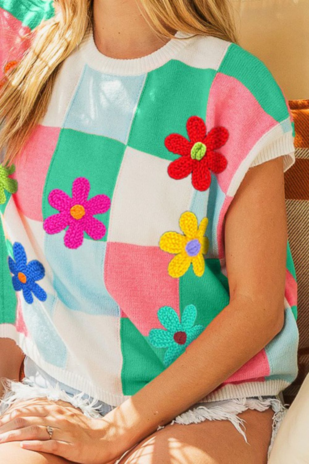 BiBi Flower Patch Checkered Sweater Vest Sweater Vest Trendsi   