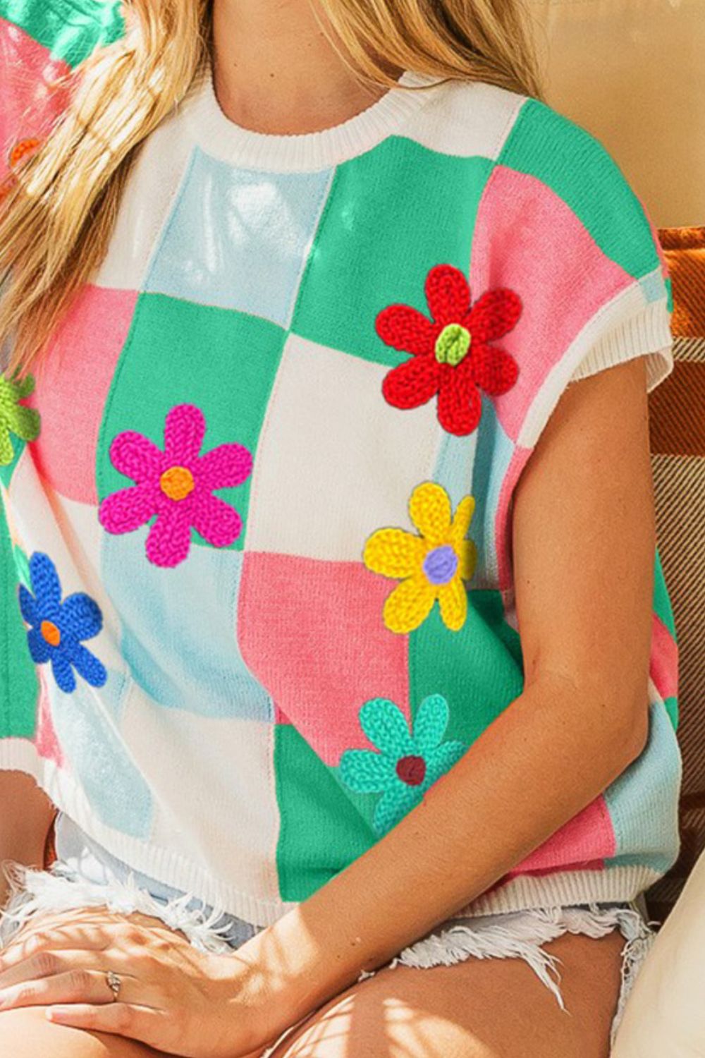 BiBi Flower Patch Checkered Sweater Vest - NeoKira Unlimited