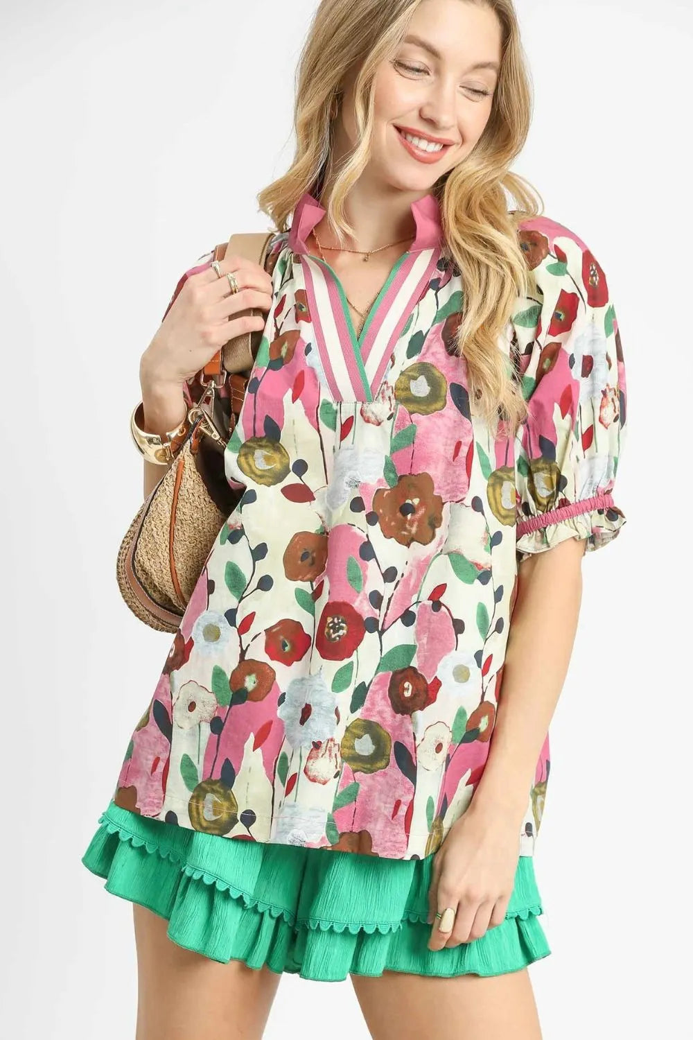 Umgee Floral Print Puff Sleeve Oversized Blouse - NeoKira Unlimited