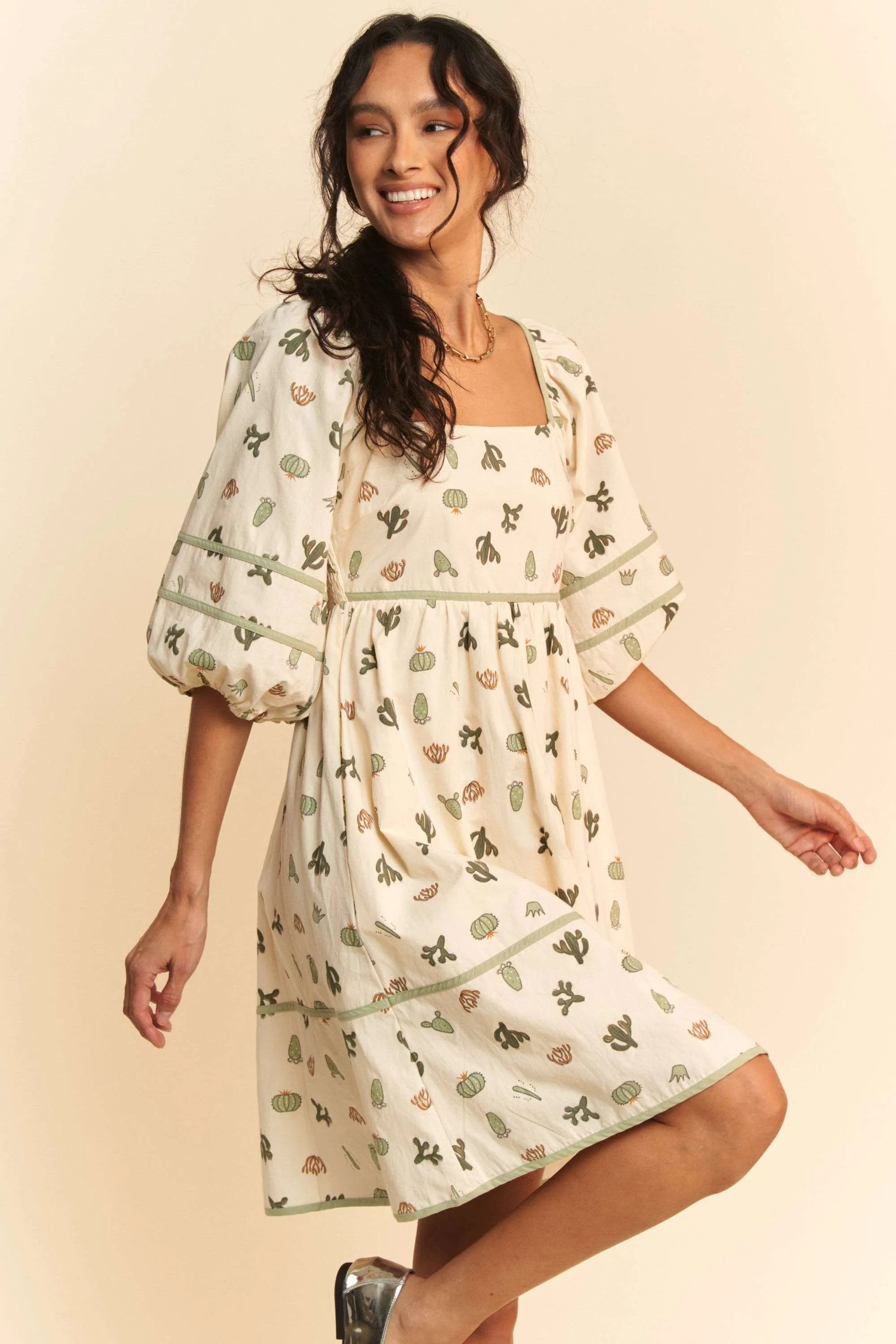 Davi & Dani Cactus Printed Poplin Contrast Piping Mini Dress - NeoKira Unlimited