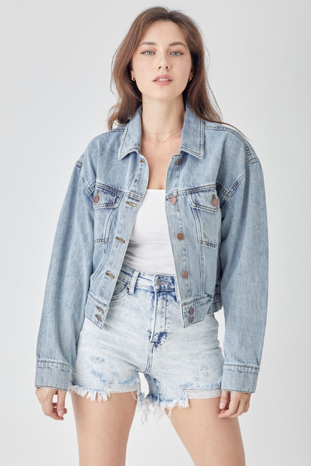 RISEN Full Size Button Down Cropped Denim Jacket - NeoKira Unlimited
