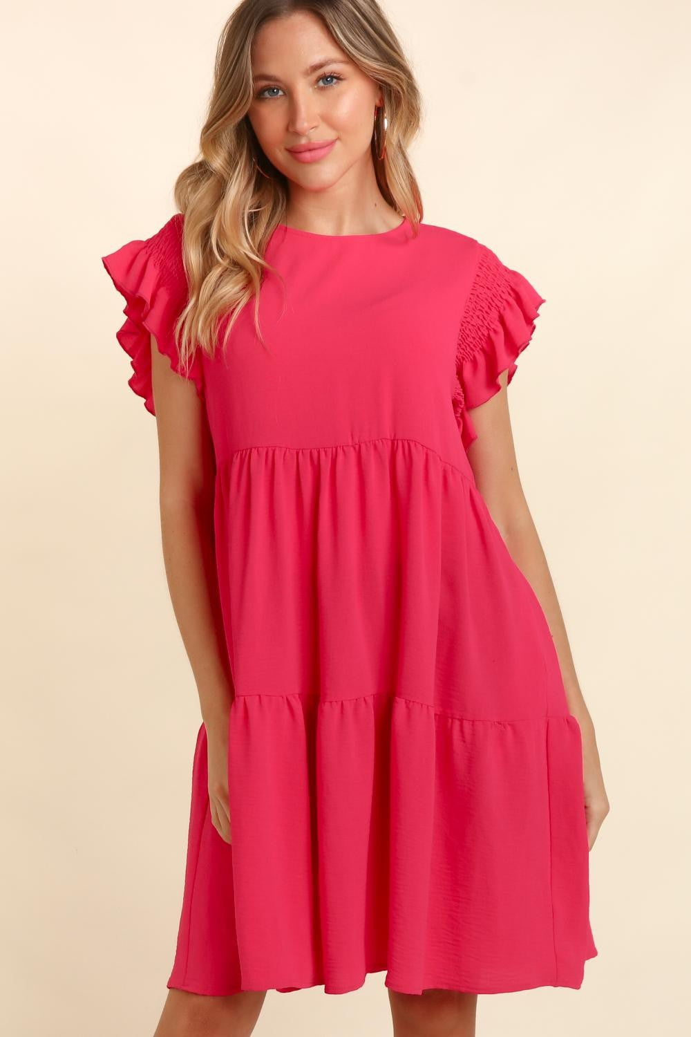 Haptics Full Size Smocking Ruffle Short Sleeve Dress with Pockets Mini Dress Trendsi   