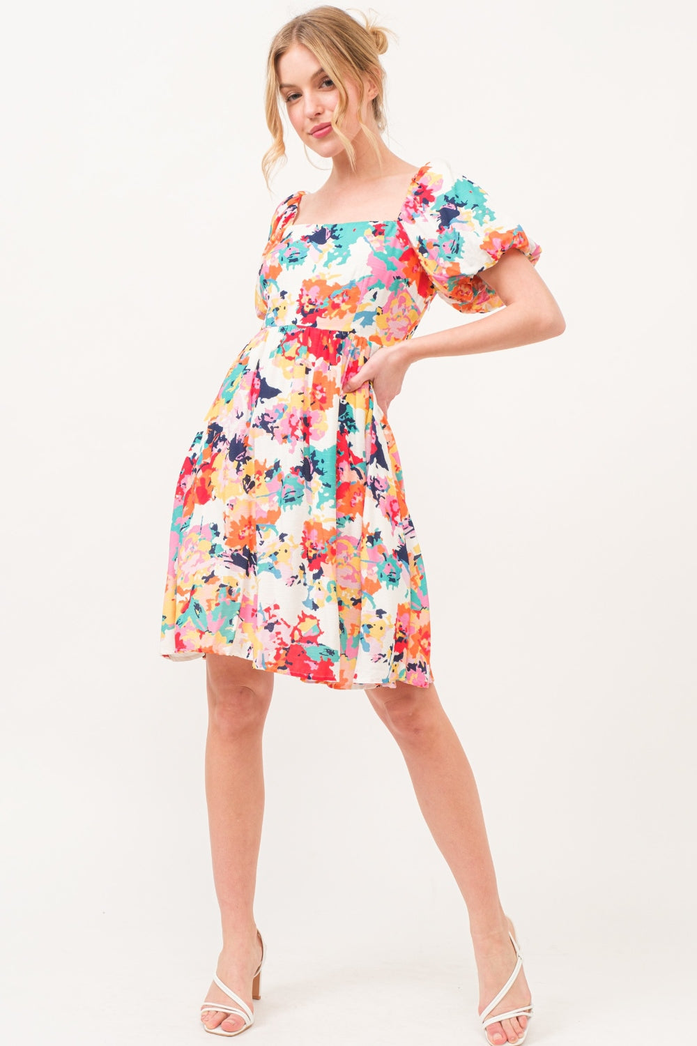 And The Why Square Neck Puff Sleeve Floral Dress Mini Dress Trendsi   