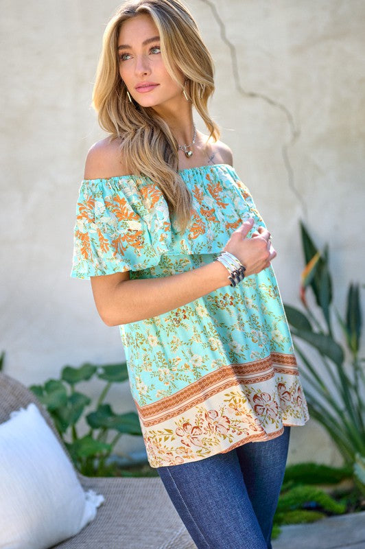 Printed Off Shoulder Smocked Top  Davi & Dani   