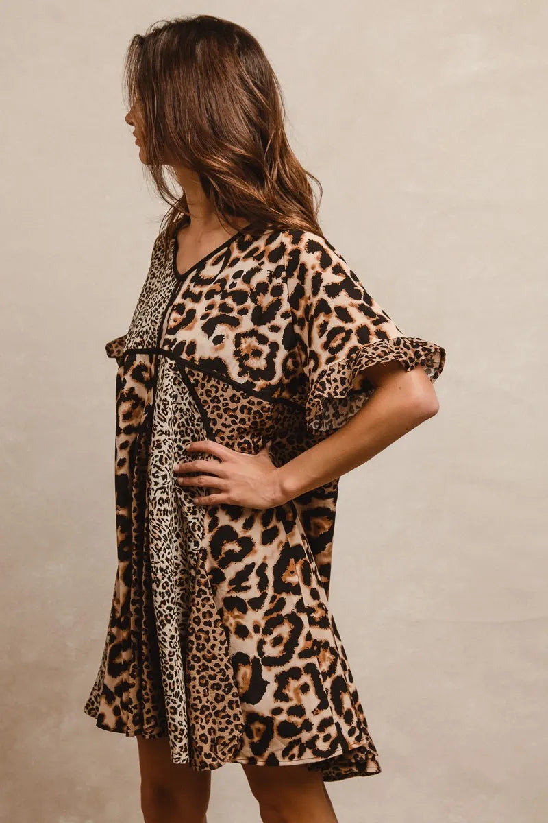 BiBi Leopard Print Mini Dress – V-Neck Flutter Sleeve Belted Fit - NeoKira Unlimited