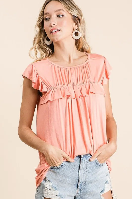 BiBi Jersey Knit Gathered Top with Ruffles - NeoKira Unlimited
