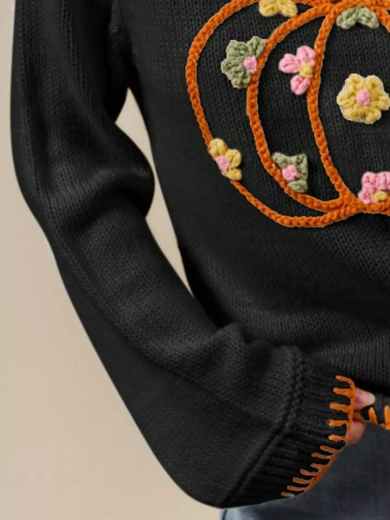 SO ME Festive Whimsical Pumpkin Floral Embroidered Thanksgiving Sweater - NeoKira Unlimited