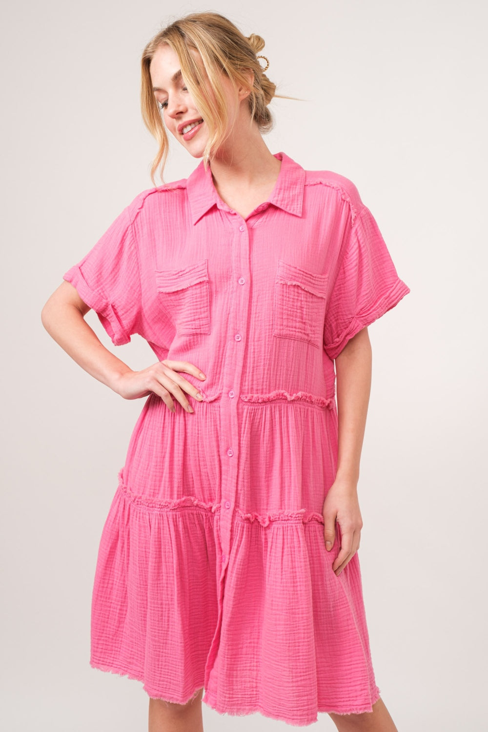 And The Why Full Size Raw Edge Washed Tiered Shirt Dress - NeoKira Unlimited