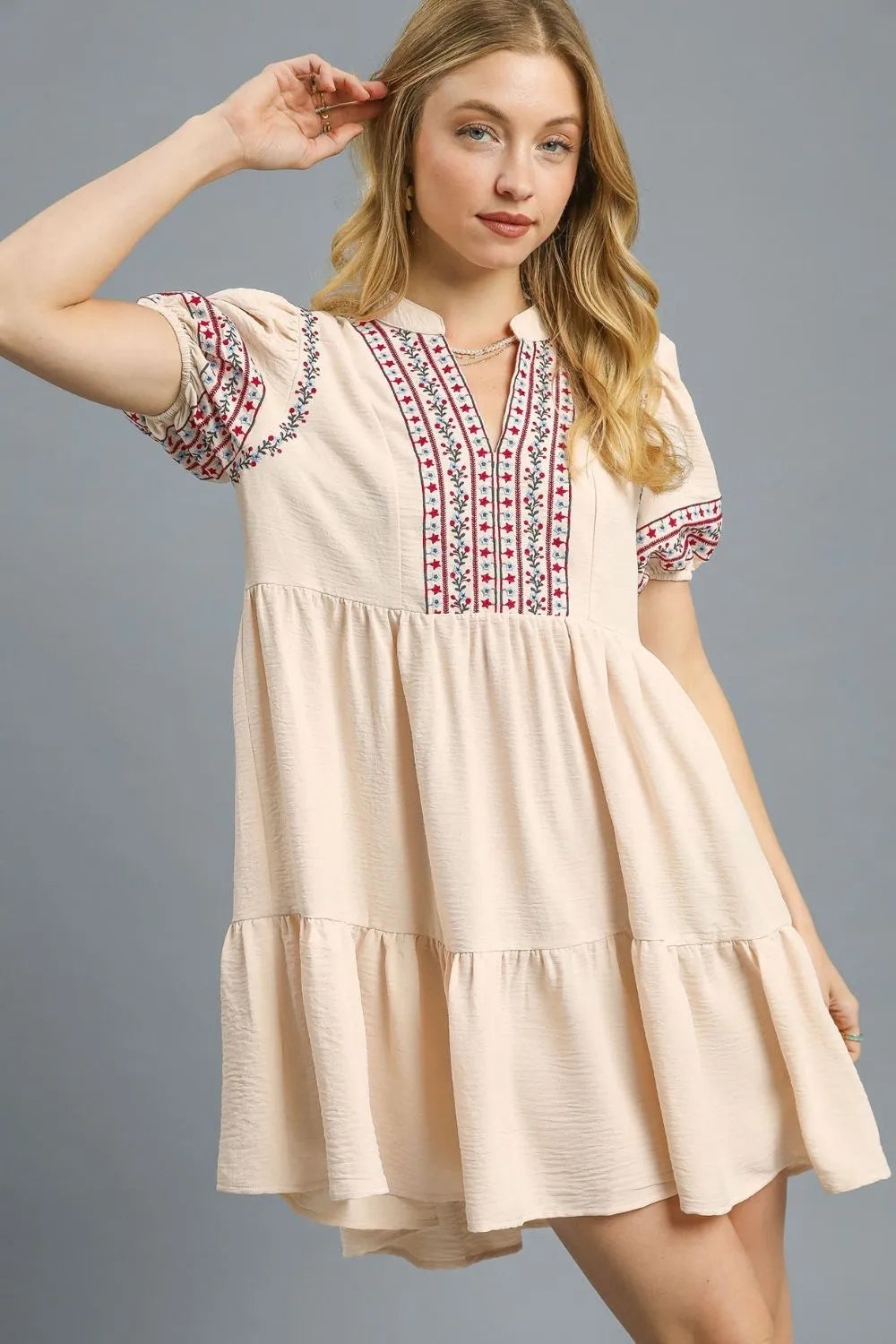 Umgee Boho Embroidered Puff Sleeve Mini Dress Ethnic Tiered Charm - NeoKira Unlimited