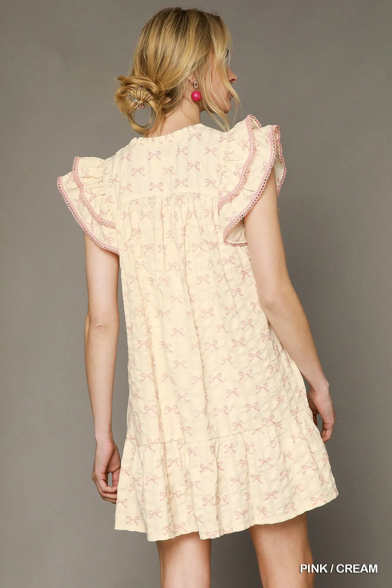 Umgee Cottagecore Cream Mini Dress With Bow Print Ruffled Sleeves - NeoKira Unlimited