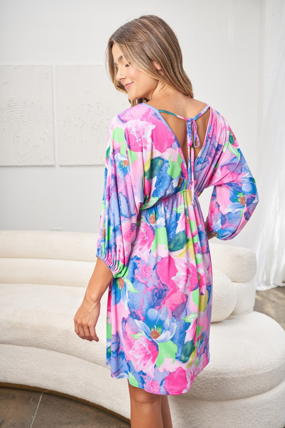 White Birch Full Size Printed V-Neck Tie Back Mini Dress - NeoKira Unlimited