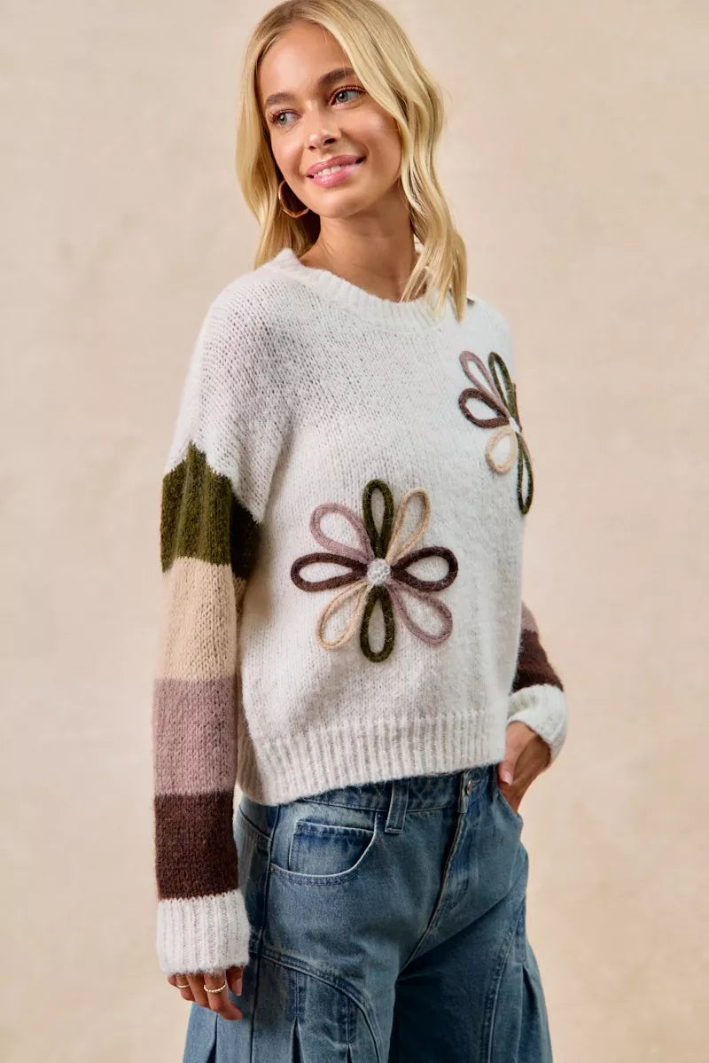 BiBi Flower Color Block Sweater Retro Y2K Cozy Streetwear Style - NeoKira Unlimited