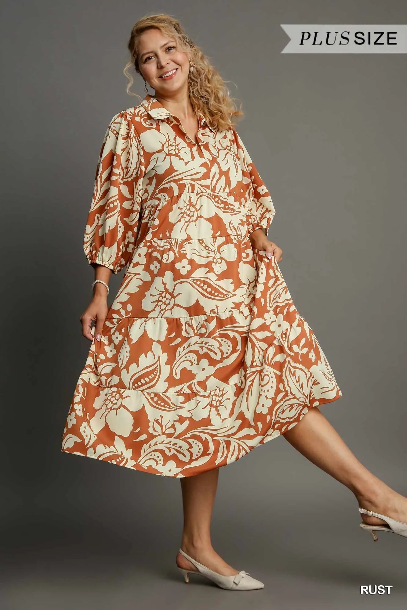 Umgee Full Size Floral Tiered Midi Shirt Dress Plus Size - NeoKira Unlimited