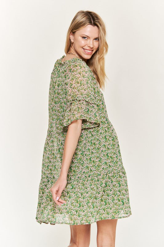 Jade By Jane Boho Floral V-Neck Ruffle Mini Dress | Loose Fit Chic Style - NeoKira Unlimited