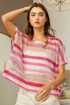 BiBi Striped Openwork Short Sleeve Knit Cover Up Cover Up Trendsi Fuchsia Combo S 