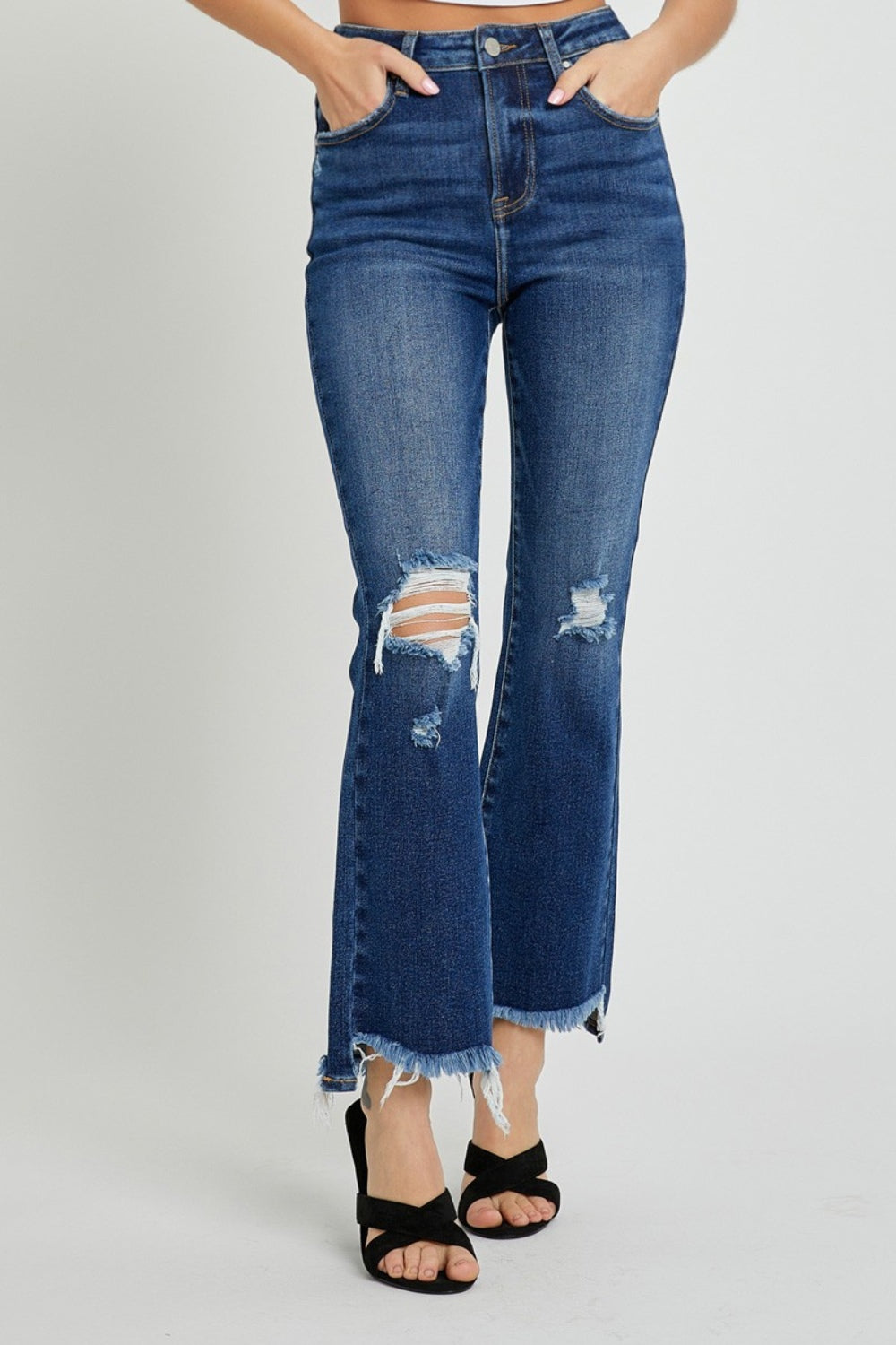 RISEN High Rise Distressed Crop Flare Jeans Jeans Trendsi   