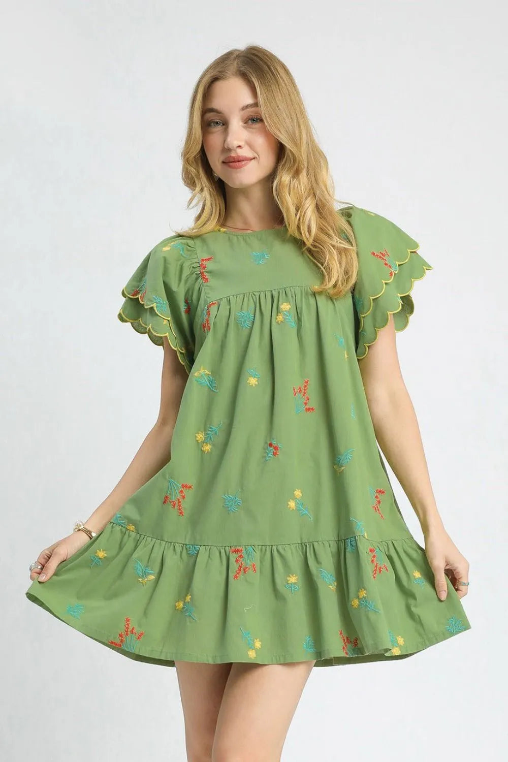 Umgee Sage Green Embroidered Mini Dress Ruched Empire Waist Flutter Sleeves - NeoKira Unlimited