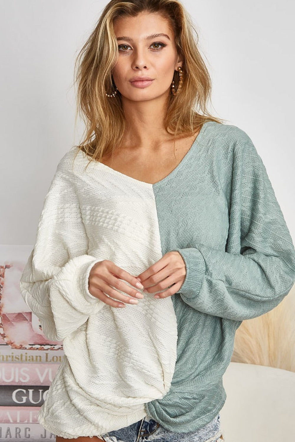 BiBi Twist Front Contrast Cable Knit Top - NeoKira Unlimited