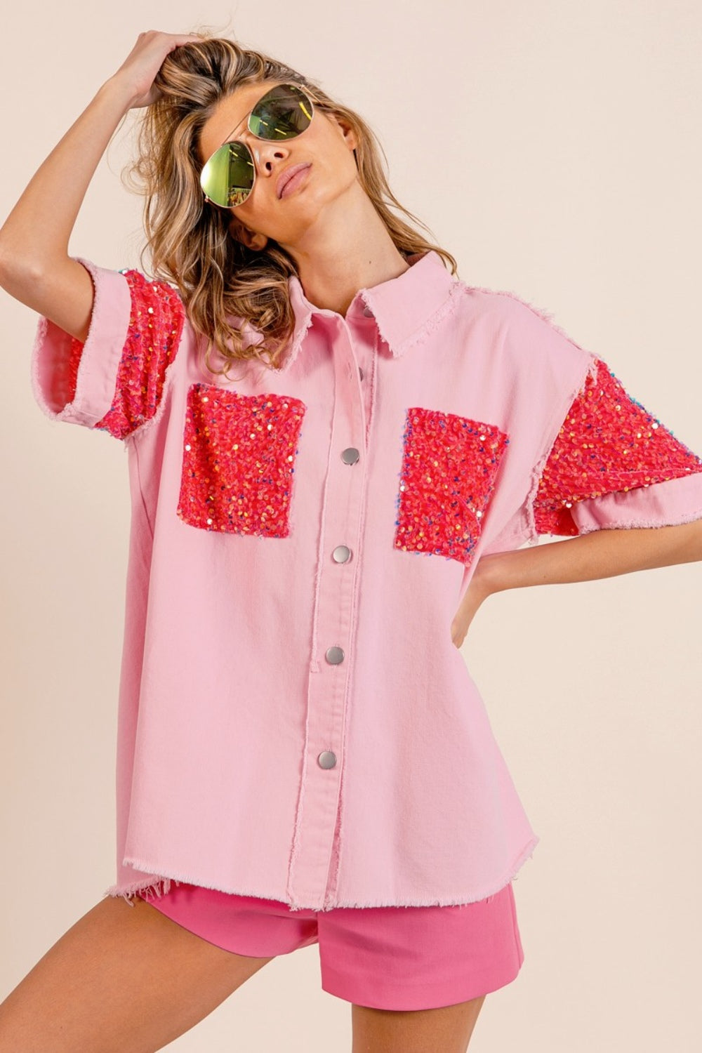 BiBi Sequin Detail Raw Hem Short Sleeve Shirt Shirt Trendsi Pink/Fuchsia S 