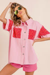 BiBi Sequin Detail Raw Hem Short Sleeve Shirt Shirt Trendsi Pink/Fuchsia S 