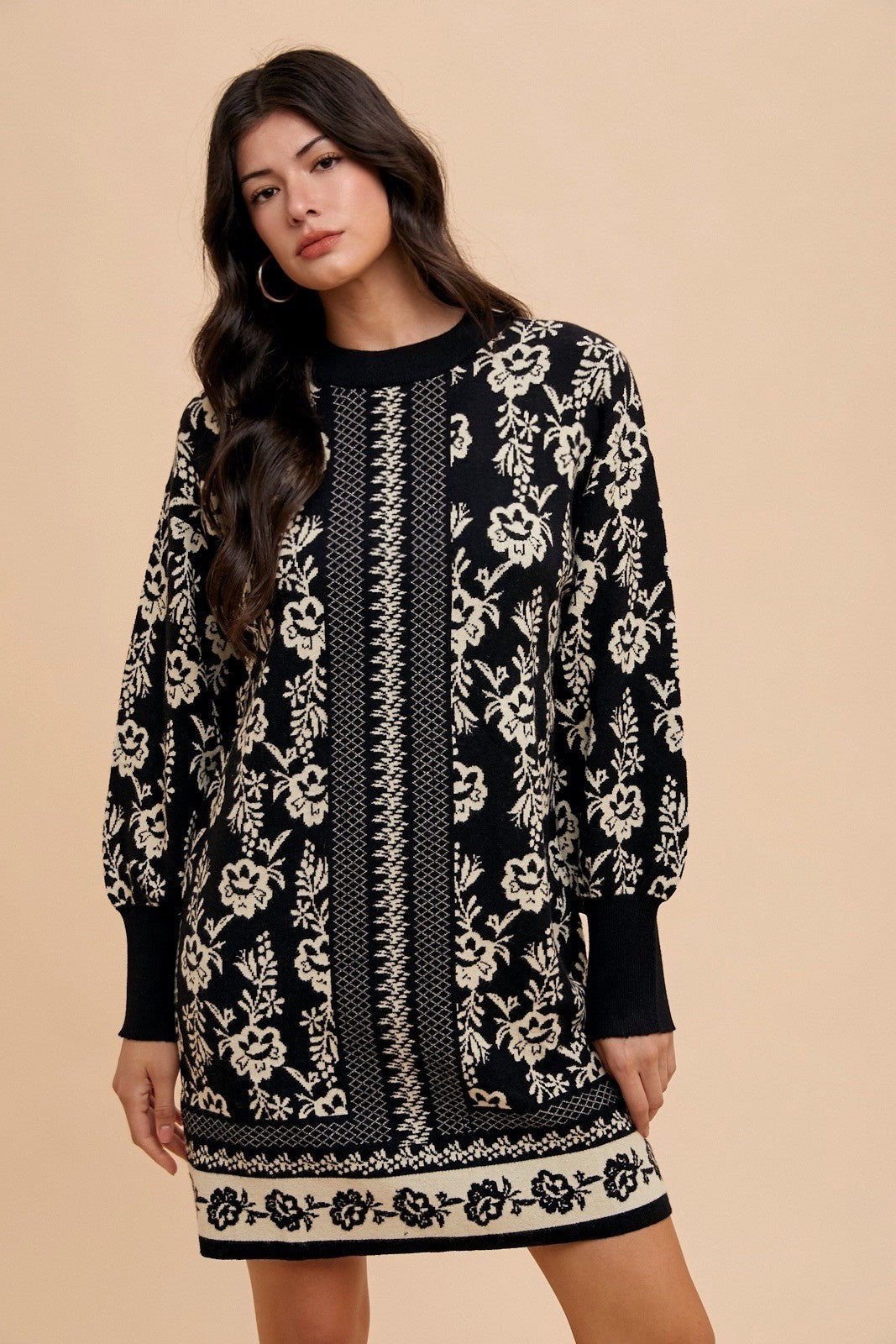 Annie Wear Floral Jacquard Round Neck Sweater Dress - NeoKira Unlimited