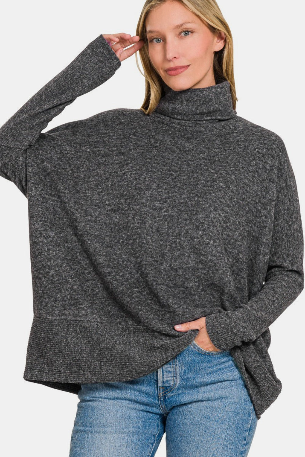 Zenana Full Size Brushed Melange Hacci Turtleneck Sweater - NeoKira Unlimited
