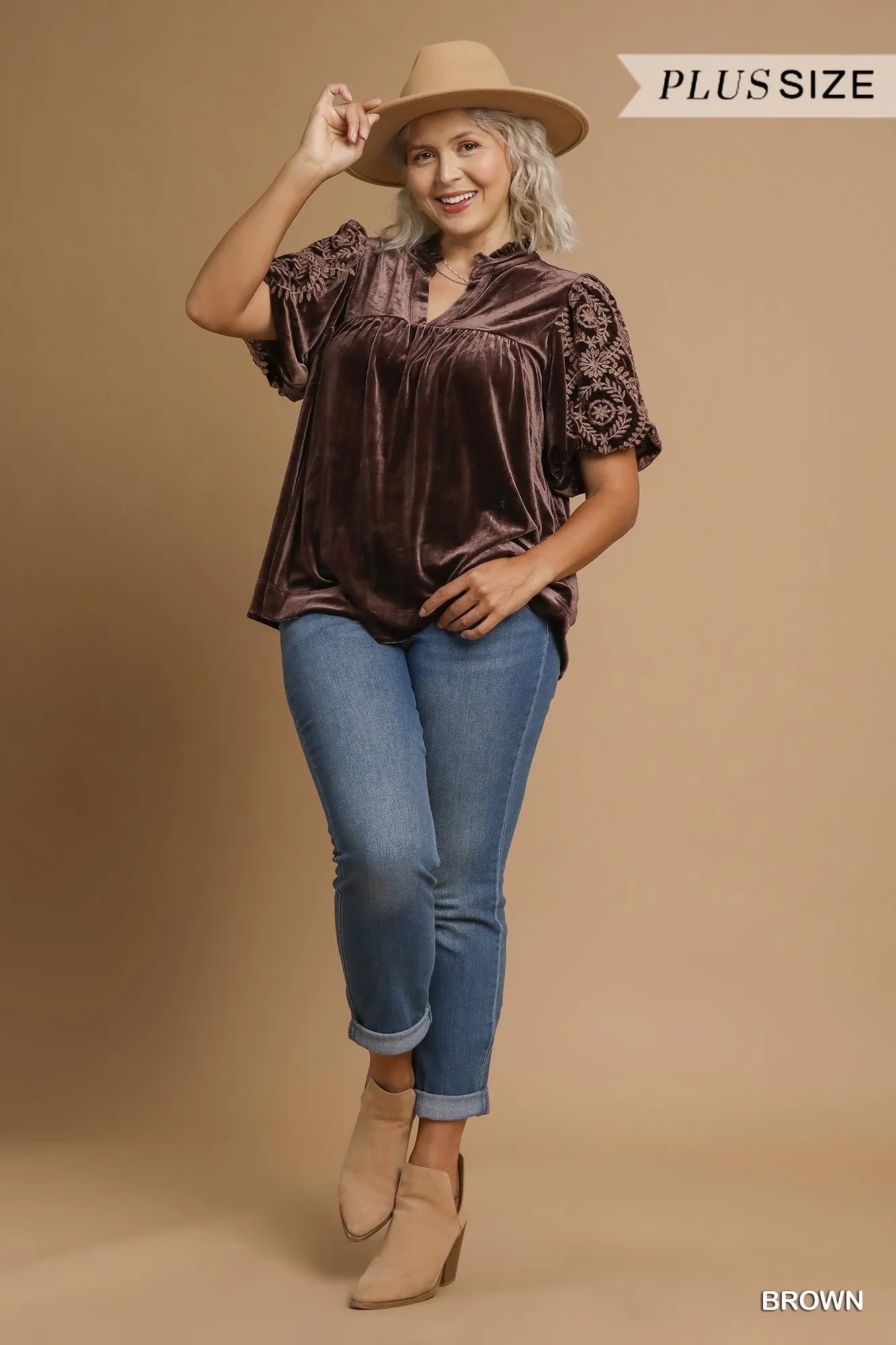 Umgee Velvet Embroidered Sleeve Blouse – Boho Luxe Plus Style - NeoKira Unlimited