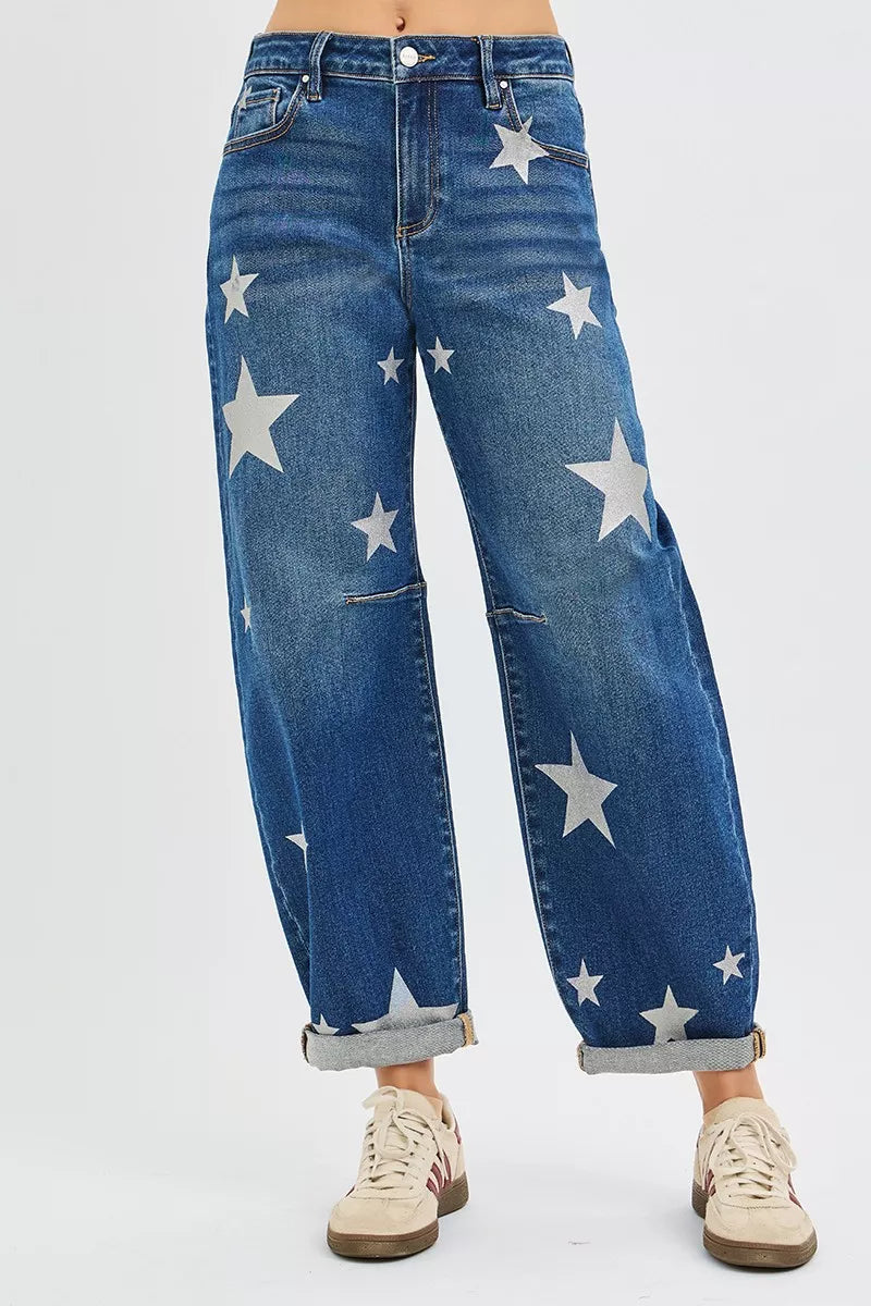 RISEN Mid Rise Ankle Length Relaxed Barrel Star Printed Jeans - NeoKira Unlimited