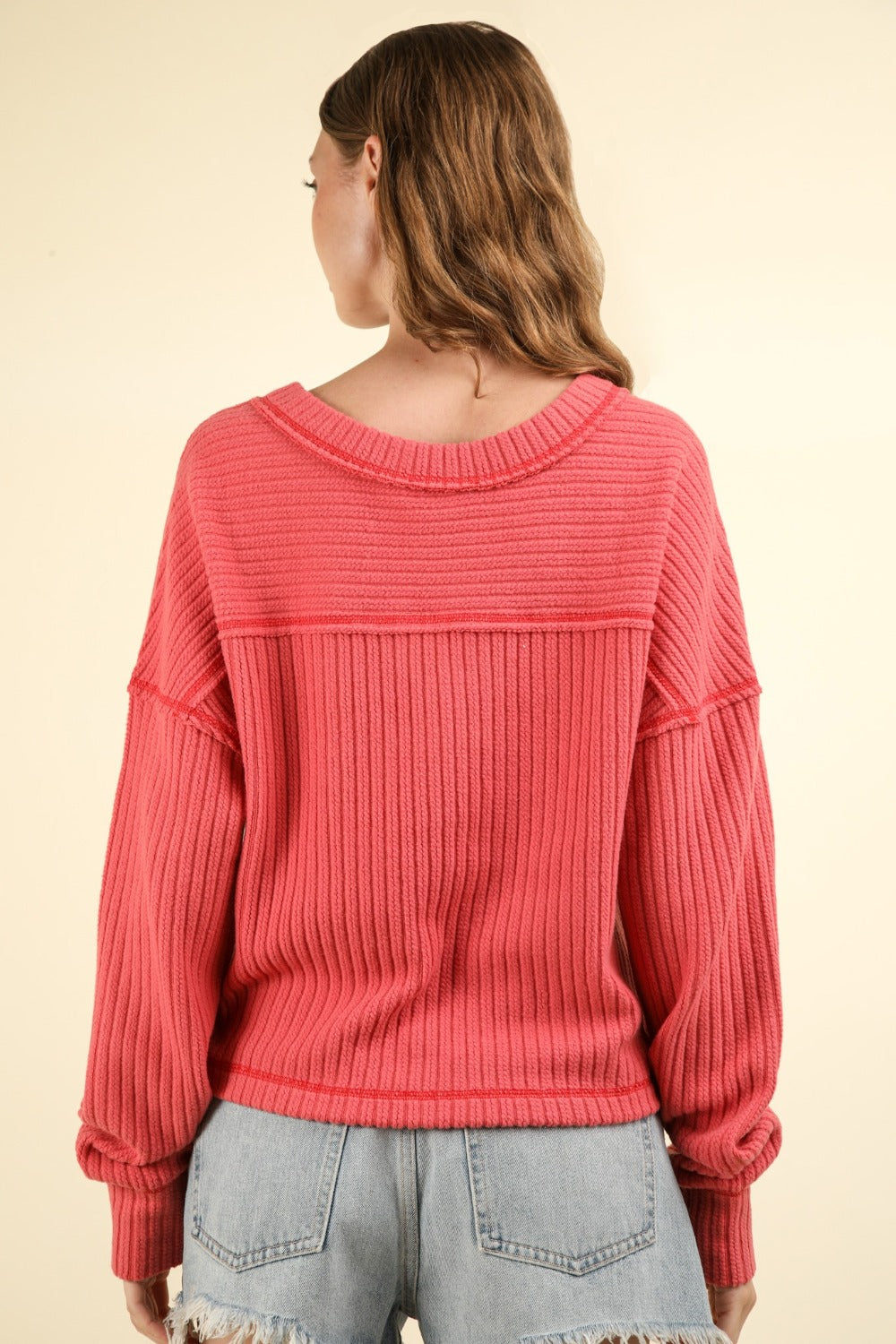 VERY J Exposed Seam V-Neck Ribbed Knit Top - NeoKira Unlimited