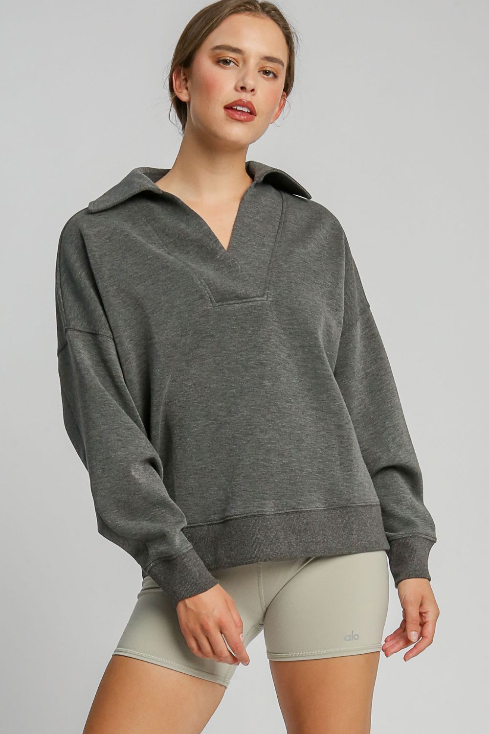 Umgee Johnny Collar Dropped Shoulder Sweatshirt - NeoKira Unlimited