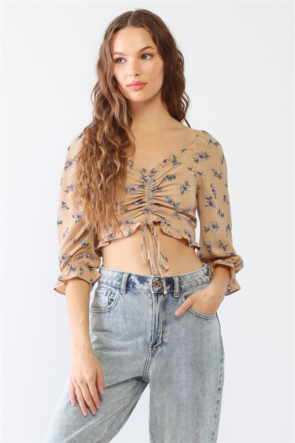 Tasha Apparel Floral Ruffle Smocked Back Ruched Crop Top Top Trendsi Taupe S 