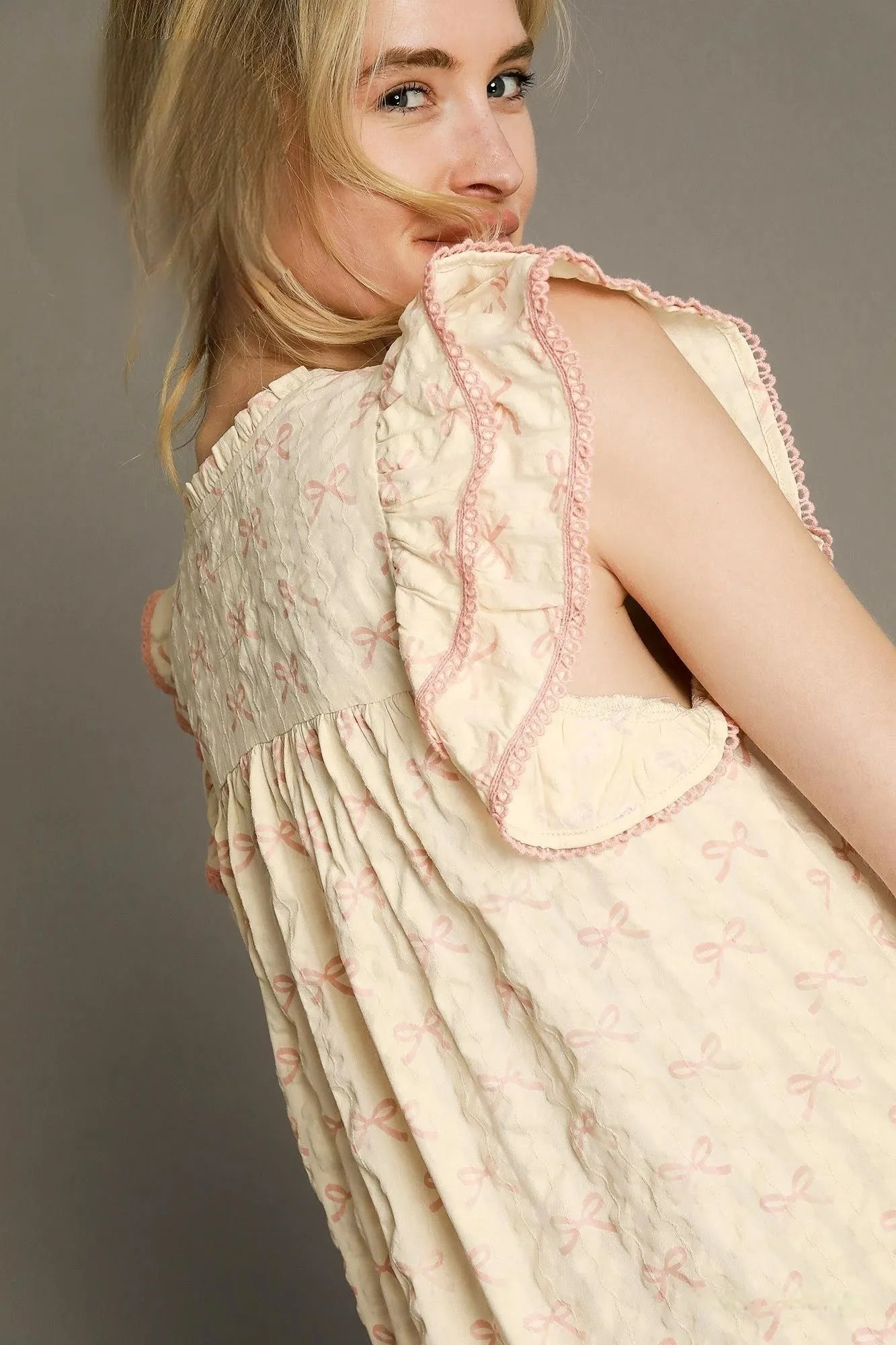 Umgee Cottagecore Cream Mini Dress With Bow Print Ruffled Sleeves - NeoKira Unlimited