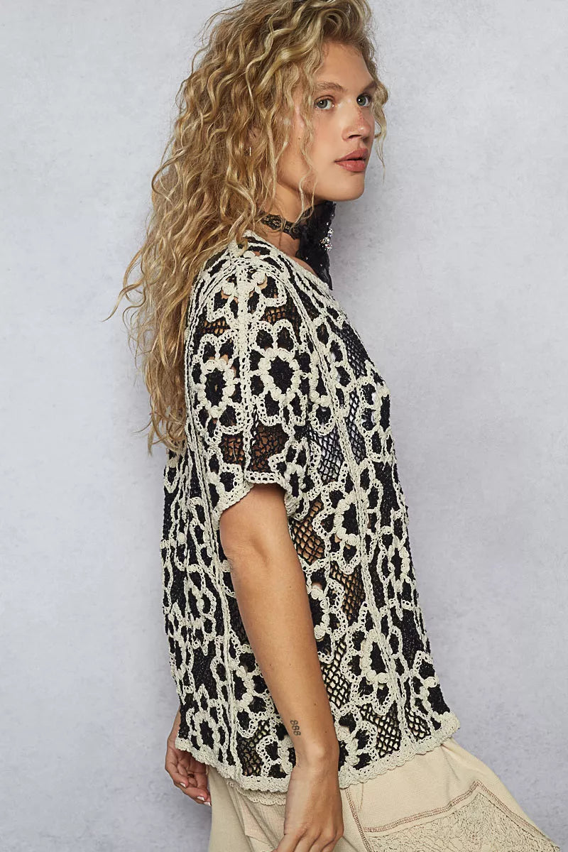 POL Openwork Short Sleeve Crochet Knit Top – Boho Chic Knitwear - NeoKira Unlimited