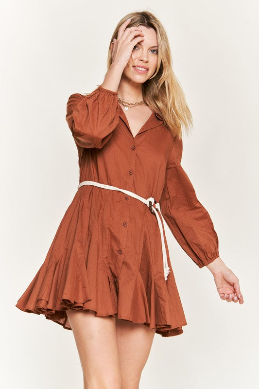 Jade By Jane Solid Flare Button Down Shirt Dress With Belt Mini Dress Jade By Jane MOCHA S 