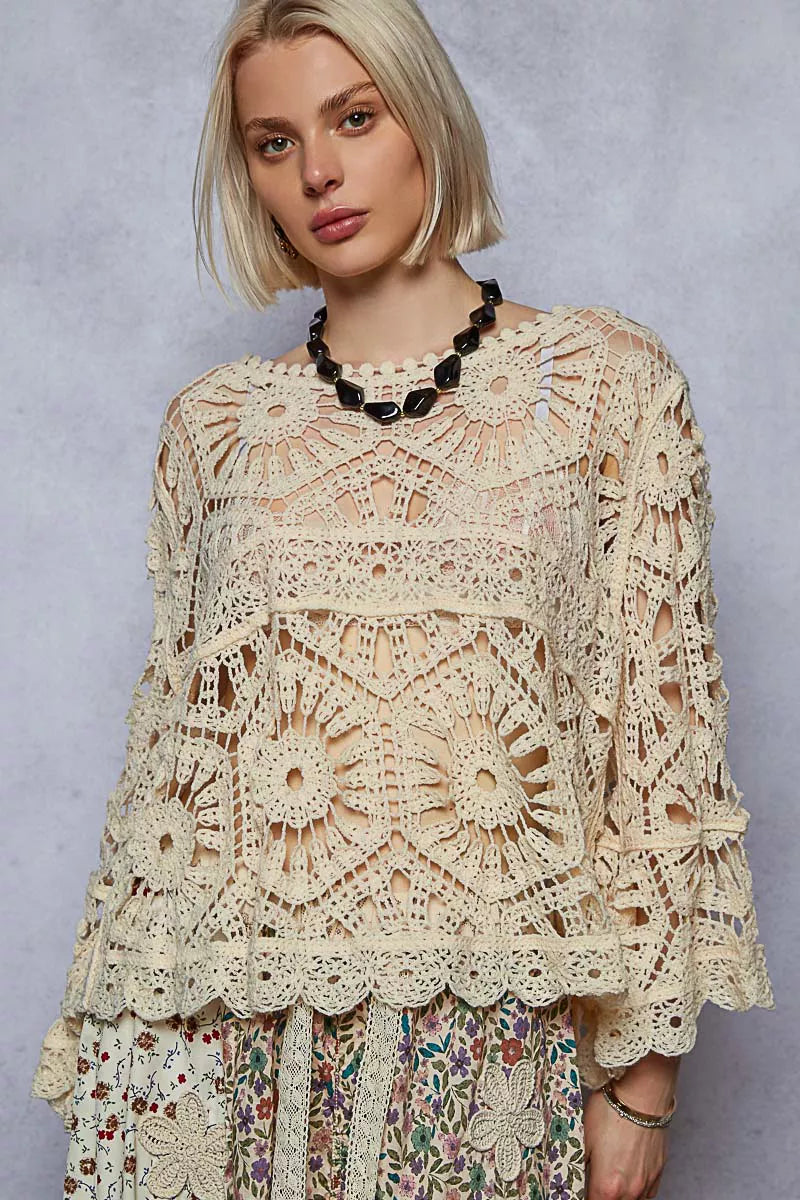 POL Round Neck Weave Knit Pattern Cropped Cover Up Boho Chic Style - NeoKira Unlimited