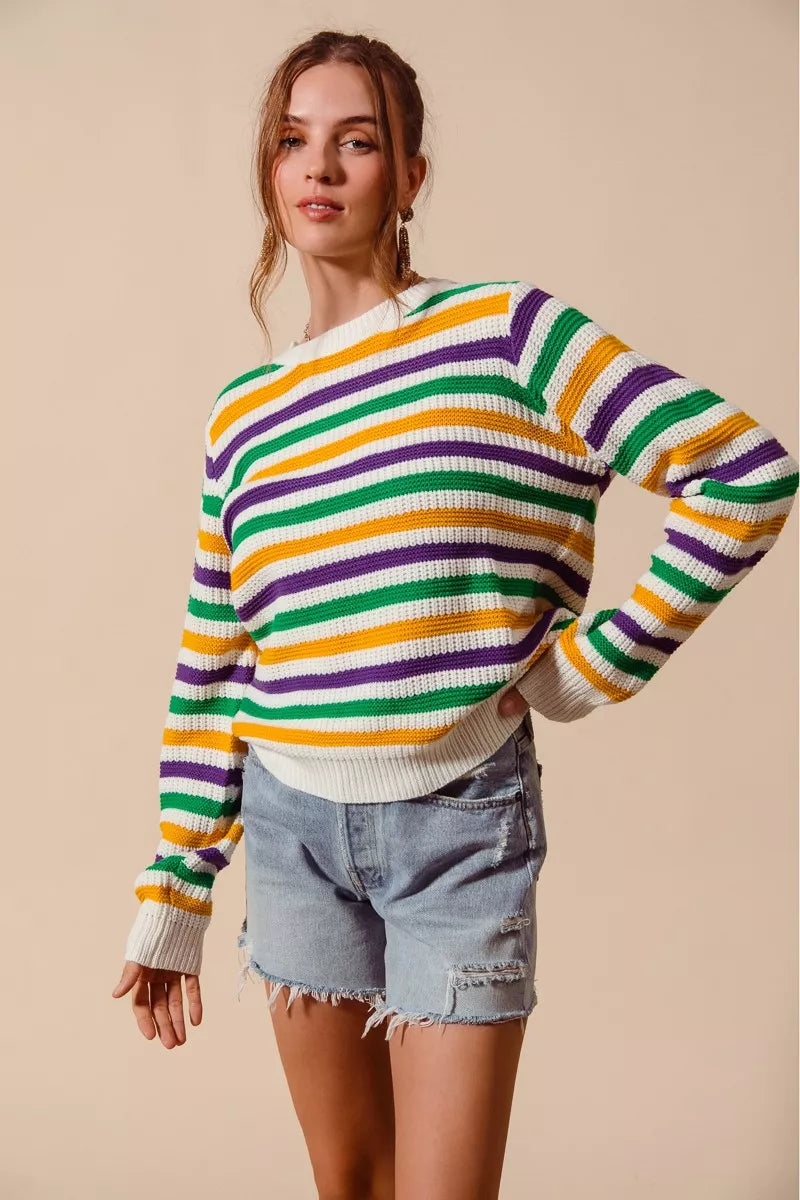 SO ME Mardi Gras Color Stripe Knit Sweater Top - NeoKira Unlimited