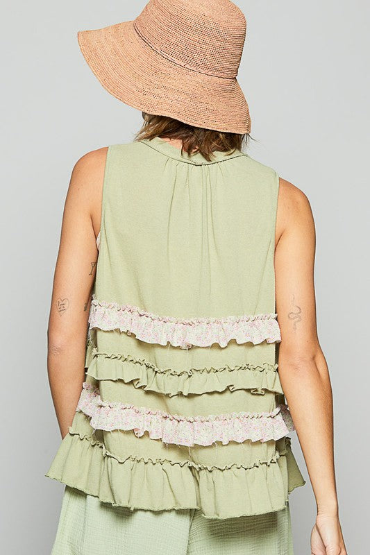 POL Ruffled Open Front Sleeveless Cardigan - NeoKira Unlimited