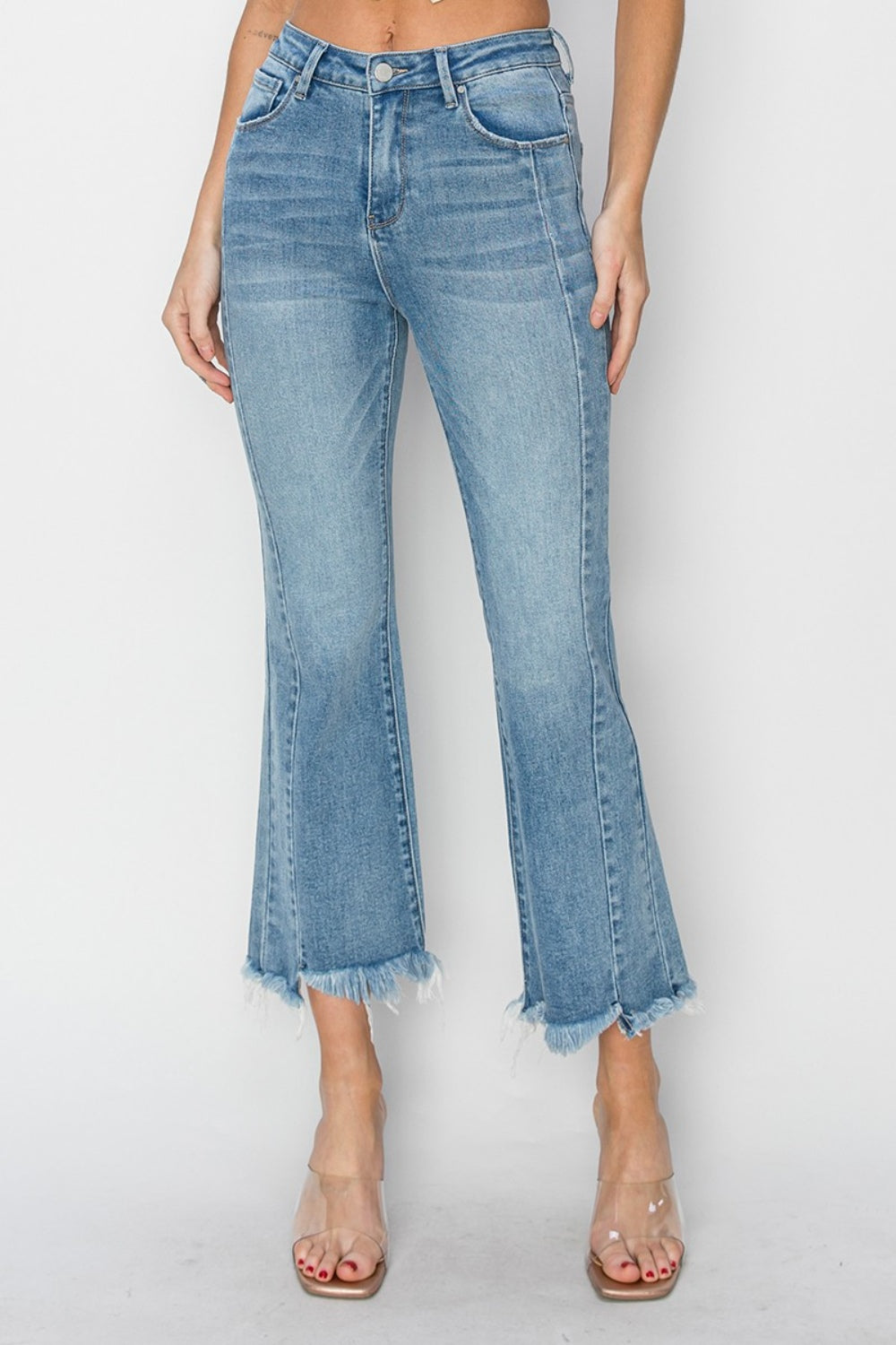 RISEN Full Size High Rise Frayed Hem Flare Jeans Jeans Trendsi   